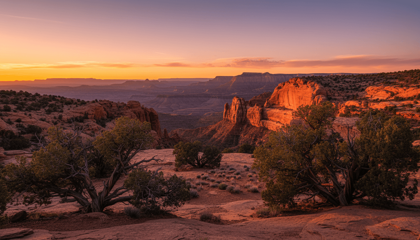 Red rock landscape near St. George with juniper trees at golden hour
